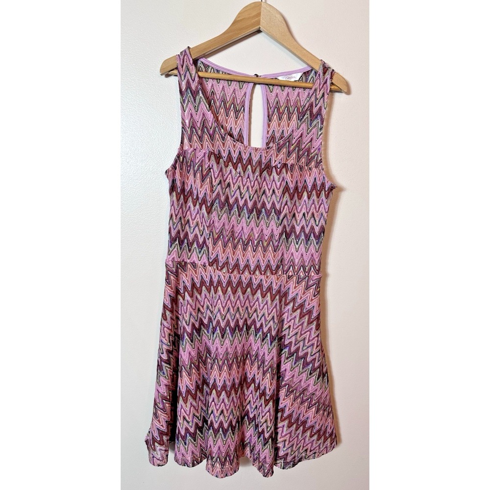 Candie's Dress Large Pink Multicolor Sweetheart Illusion Chevron‎ Crochet Y2K L